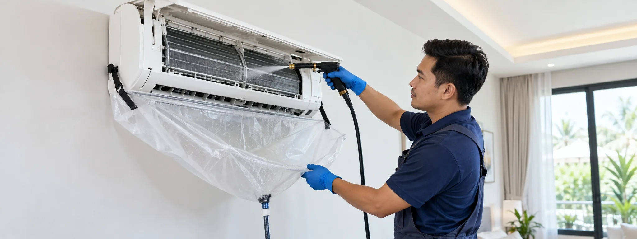 Professionnel réalisant un nettoyage complet d'une climatisation murale