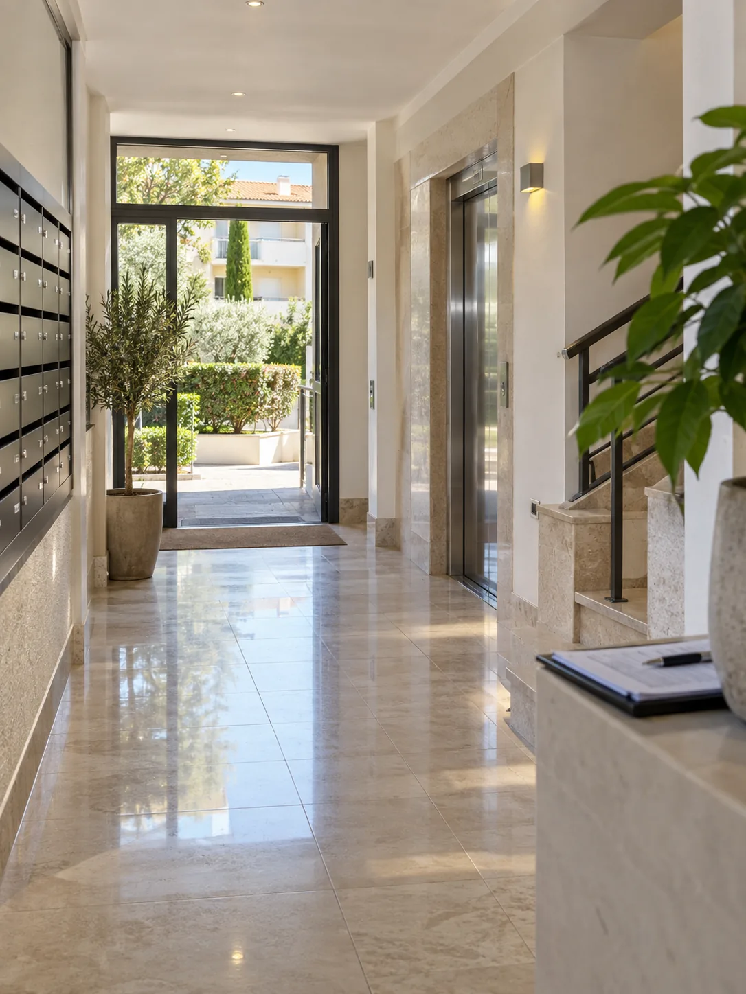 Hall de copropriété entretenu avec carnet de contrôle discret