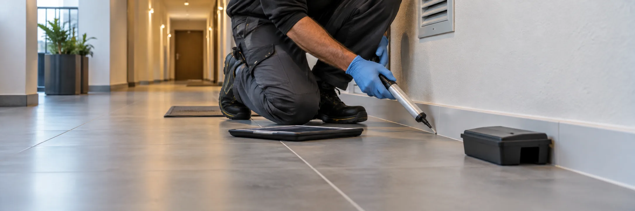 Technicien appliquant un traitement anti-nuisibles ciblé le long d'une plinthe